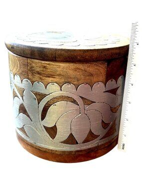 Jaipur In Bloom Handcrafted Wooden Storage Jar Metal Inlay Design Lidded 7" x 6"